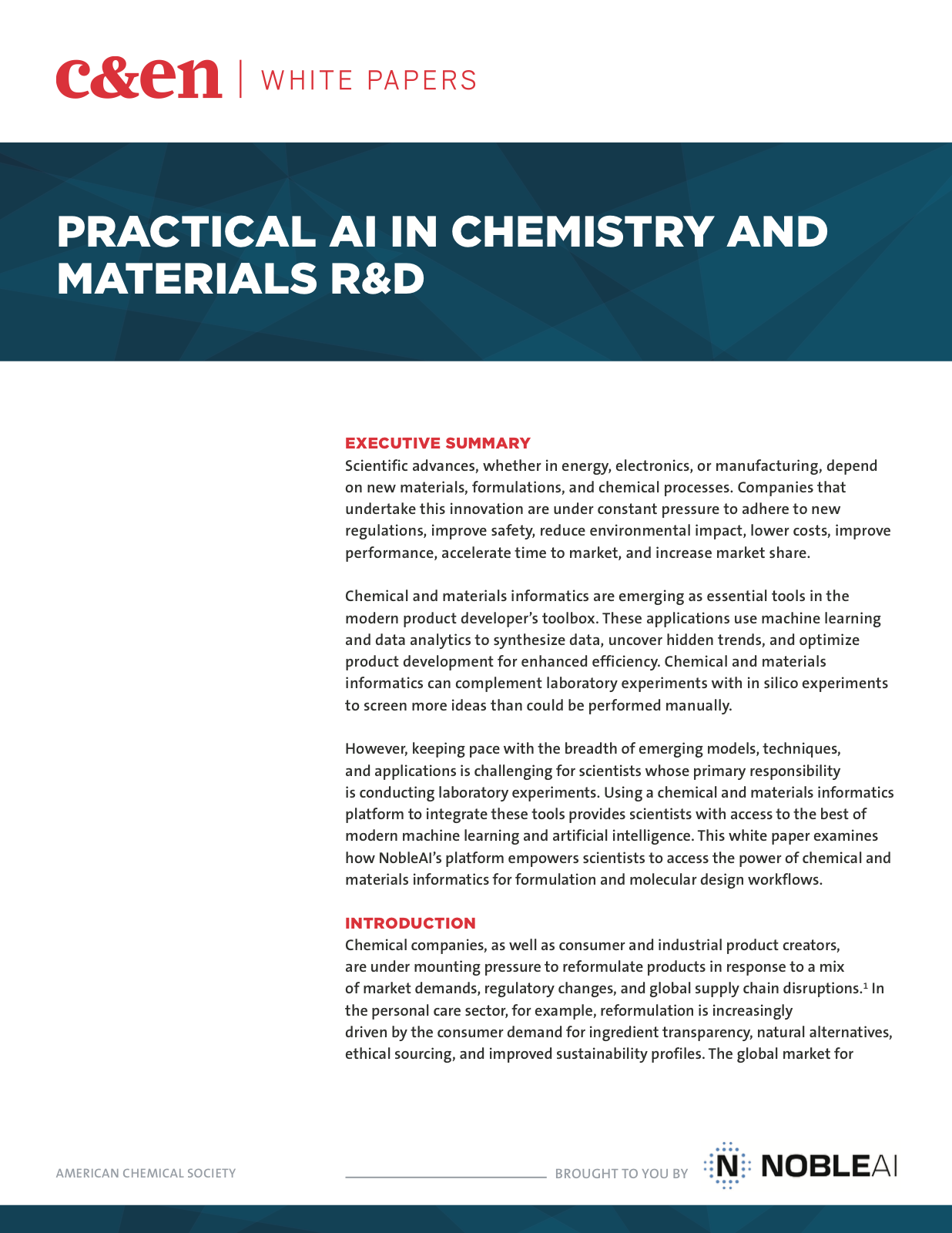 Cover of the C&EN white paper on practical AI in chemistry and materials R&D
