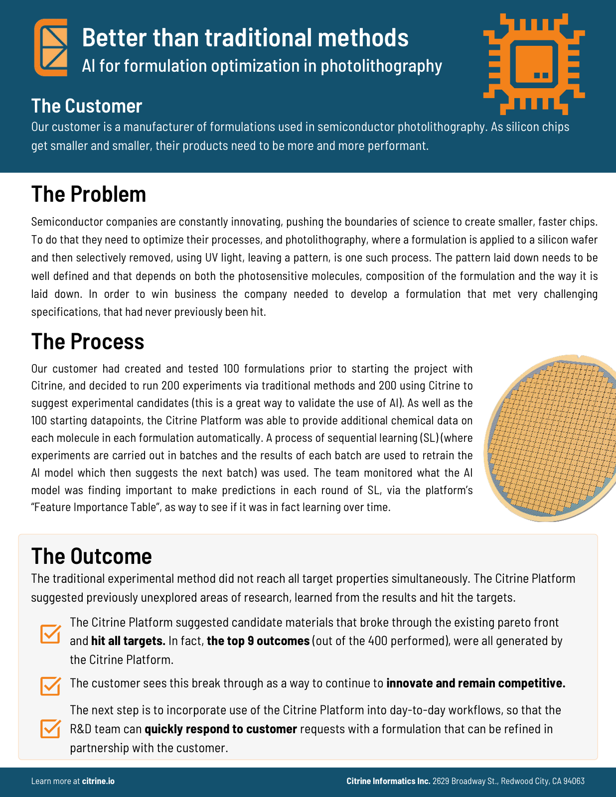 Cover of the Citrine Informatics case study on AI for photolithography formulation optimization
