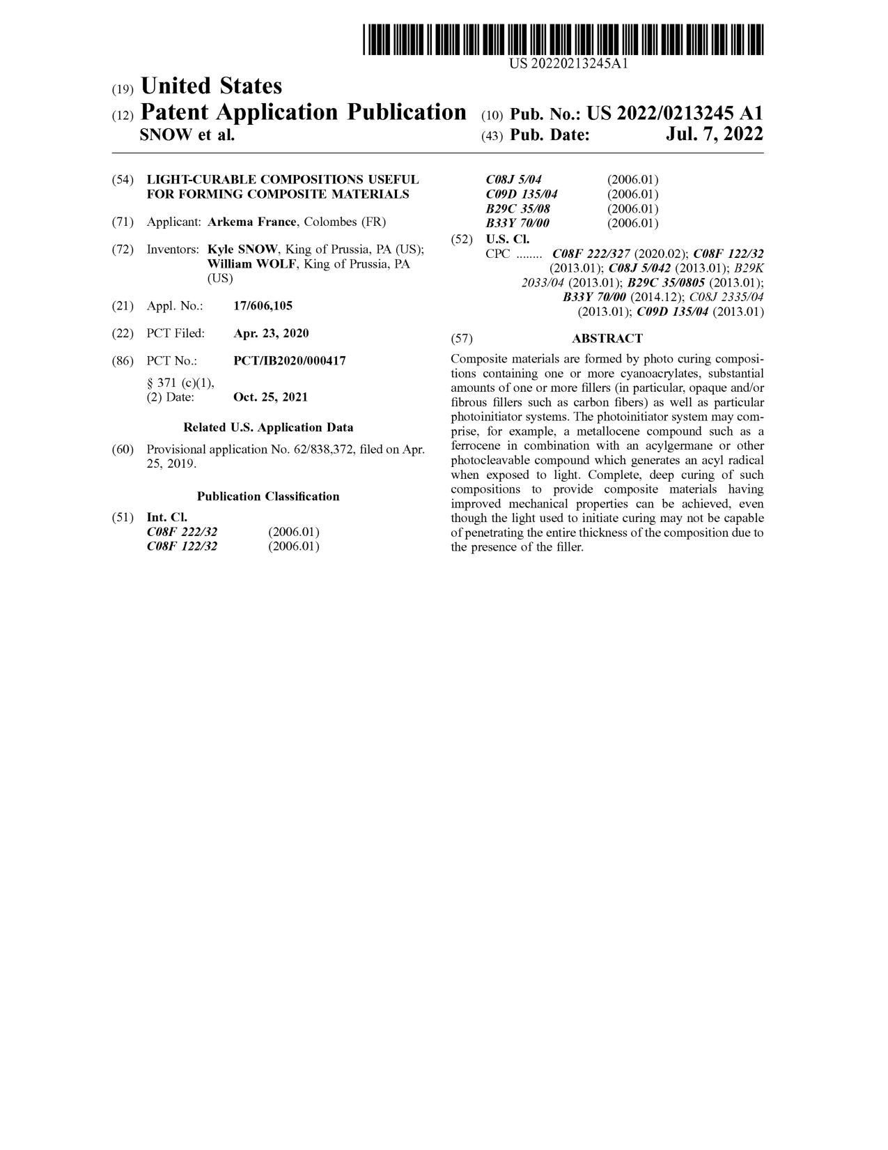 First page of U.S. patent application US 2022/0213245 A1